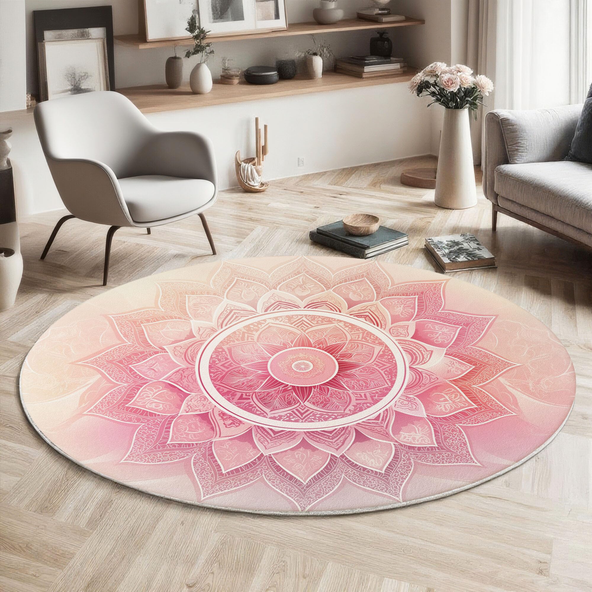 Tapis Rond à Poils Ras Mandala en Ligne Antidérapant Lavable Tapis de Sol Thème De Méditation Moquette Décoration pour Salon Chambre Canapé Descente de lit, 120 cm, Rose