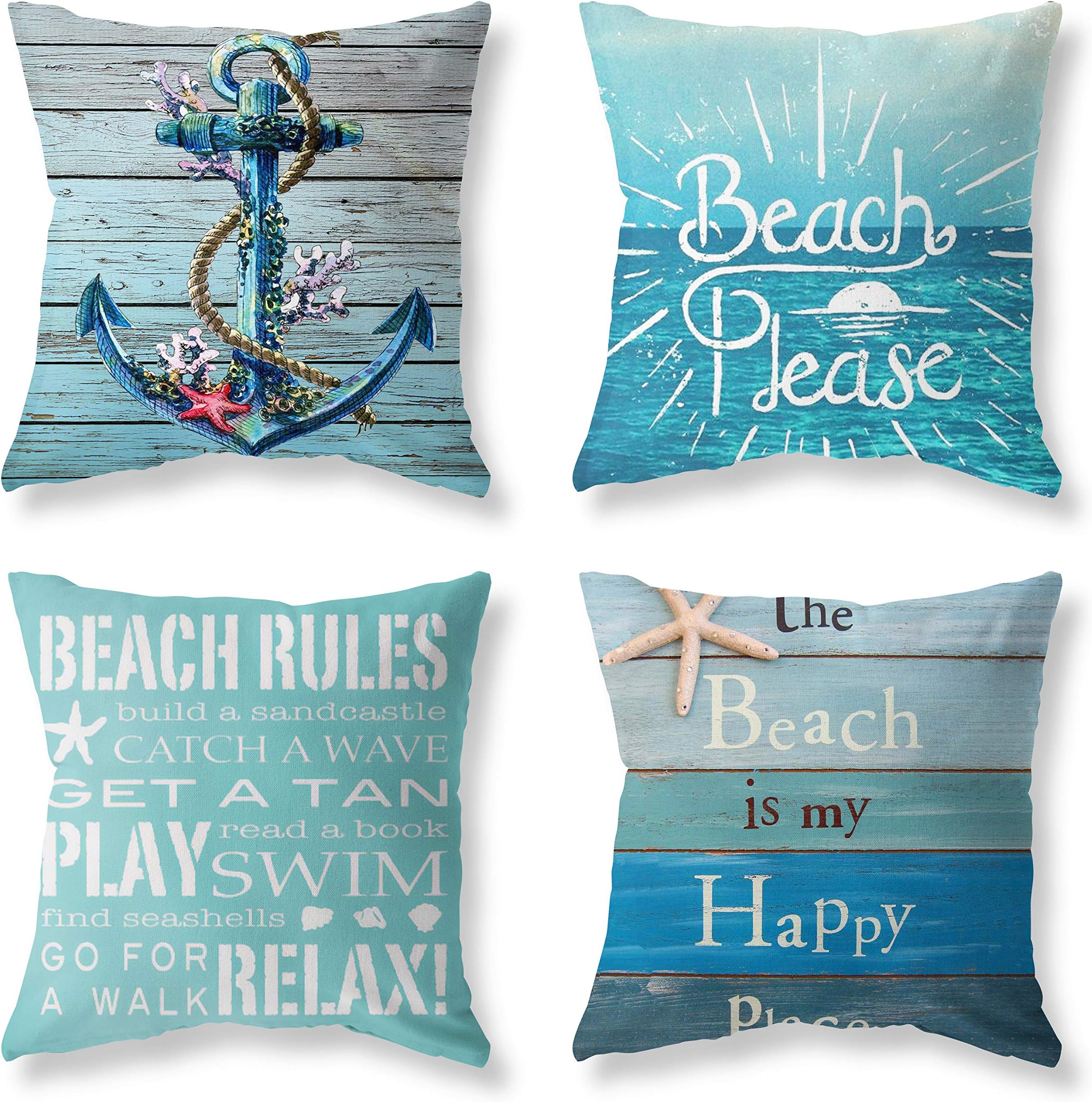 LuckyCowNautical Wood Beach Rules Quote Holiday Blue Wood Grain Marine Theme Throw Pillow Covers 18"x18" Outdoor Bench Decoration Pillowcase Set of 4