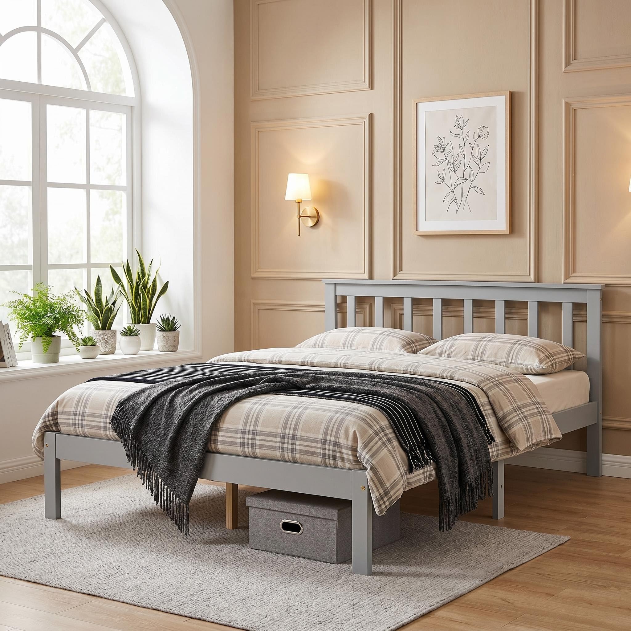 Panana Double Bed, 4ft6, Bed Frame, Solid Pine Wood, Headboard, Low Foot End, Bedroom Furniture (Grey)