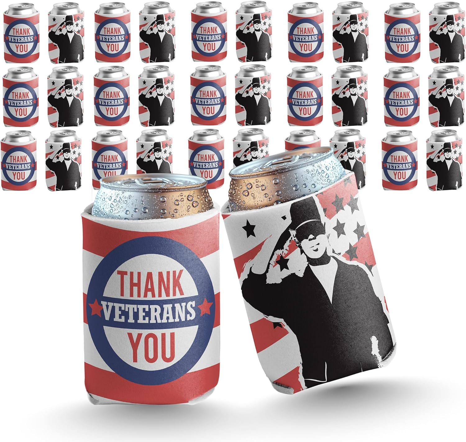VictoryStore Veteran’s Day Can Coolers – Patriotic “Thank You Veterans” Drink Sleeves – Set of 24 – 12oz Can & Bottle Coolers – Reusable Foam Beverage Sleeves for Military Holidays & Events