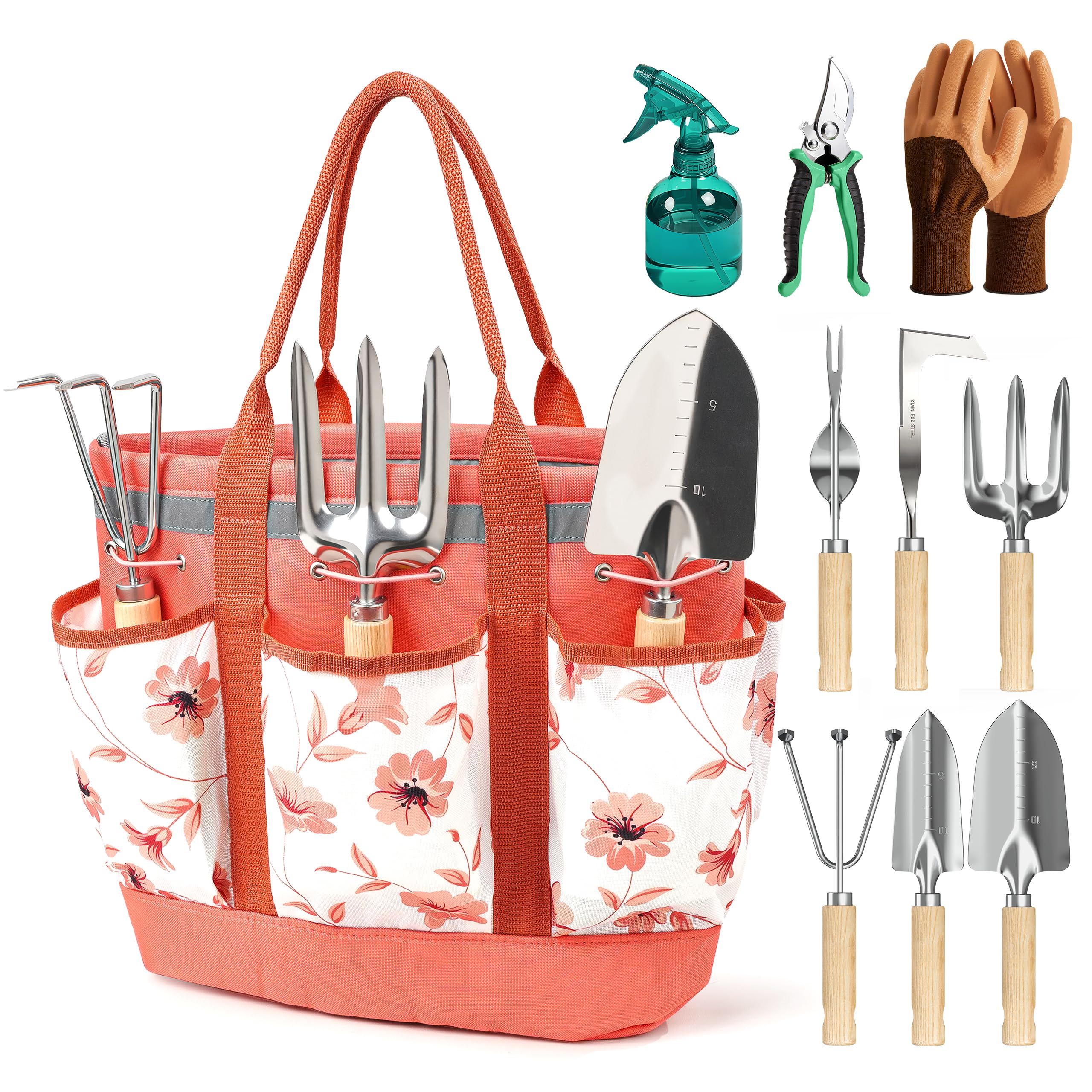 Lot de 10 outils à main de jardin résistants à la rouille, sac à main tendance et robuste, cadeau de jardinage pour femme, rose