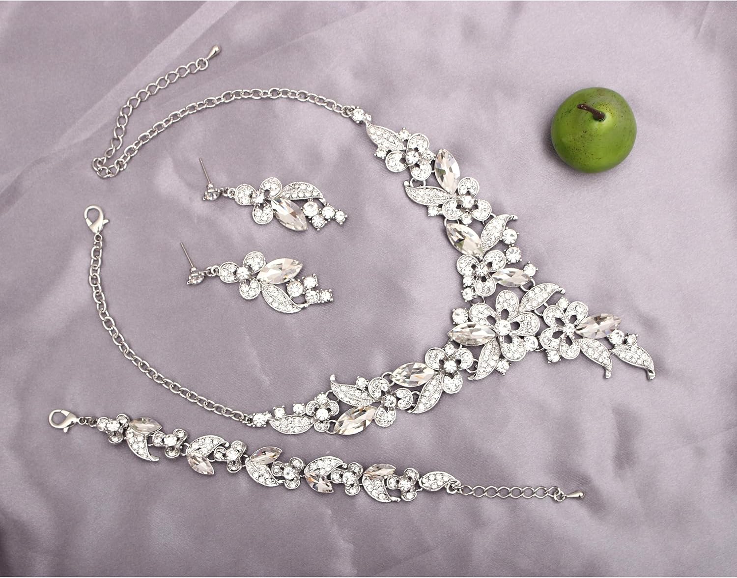 QLLYHLH Austrian Crystal Wedding Jewelry Set Flower Statement Necklace Dangle Earrings Link Bracelet Brides Bridesmaid Prom Costume Party Accessories for Woman - Image 3