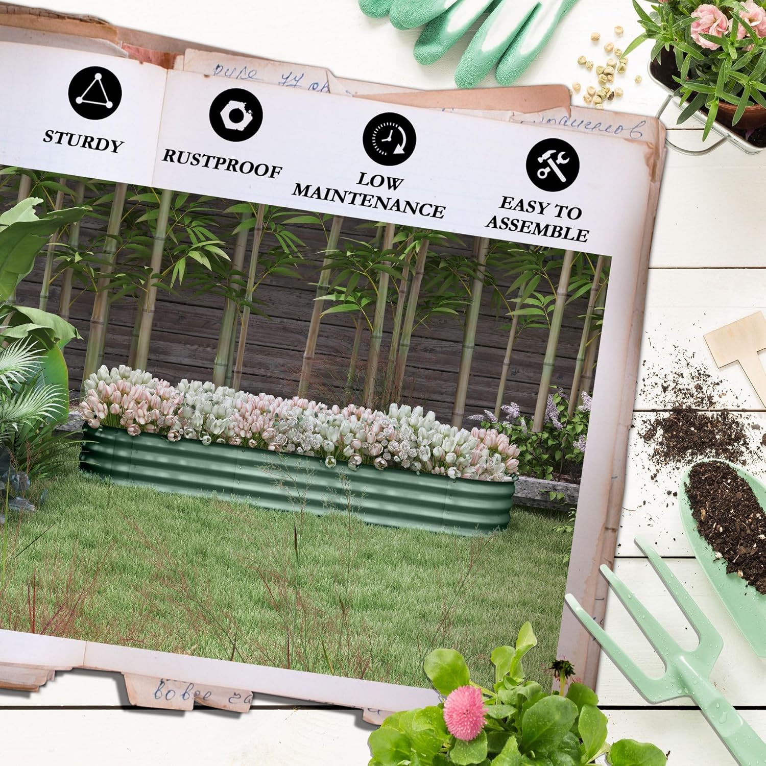 6.4'x2'x1' Easy Assembly Galvanized Steel Raised Garden Bed Kit with Safety Edging Includes All Hardware Components Weather Resistant Green