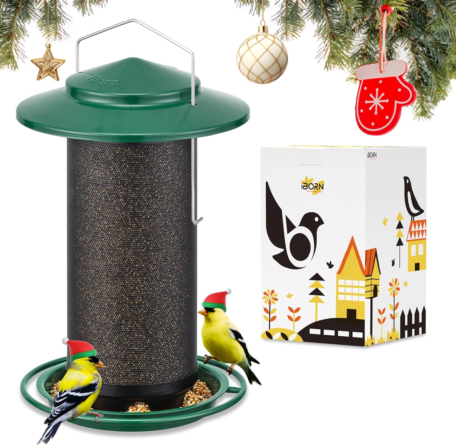 iBorn Bird Feeders for Outdoors, All Metal Mesh Tube, Holding Bird Seed for Outside Feeders,18cm Large Roof, Green, 2.8lb(Seed is not Included)