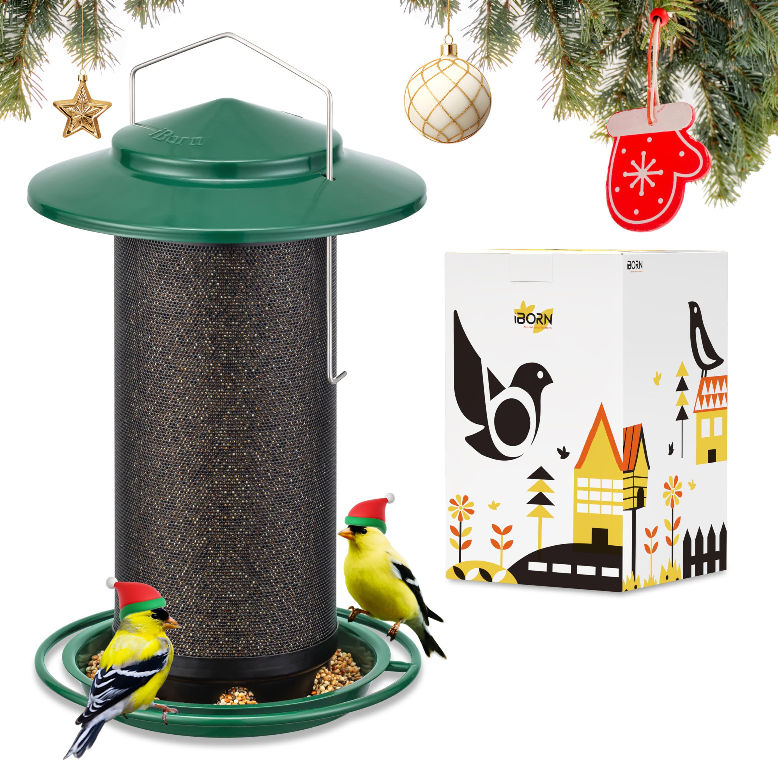Mangeoire à oiseaux en métal iBorn grand modèle vert avec toit protecteur résistant