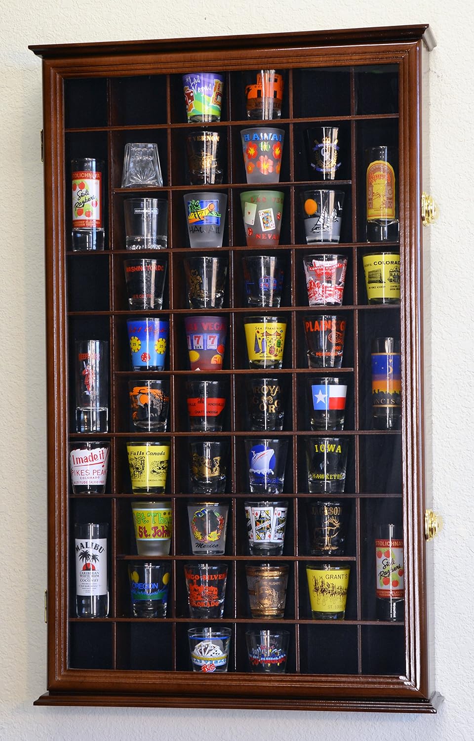 54 Shot Glass Shotglass Shooter Display Case Holder Cabinet Wall Rack w/UV Protection -Walnut
