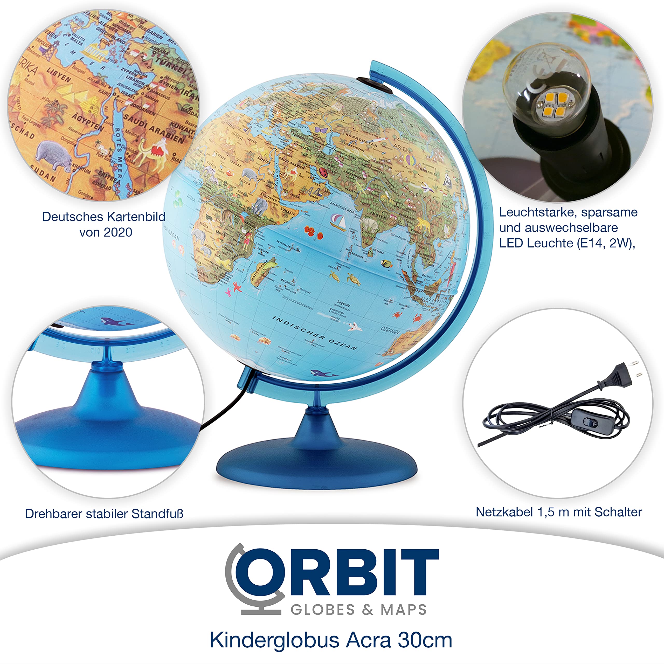 ORBIT GLOBES & MAPS Kinderleuchtglobus 30cm mit Tieren, Kunststoff Fuß, deutsch mit stabilem Hartplastikfuß, deutsches Kartenbild mit vielen Abbildungen für Kinder mit LED Leuchte