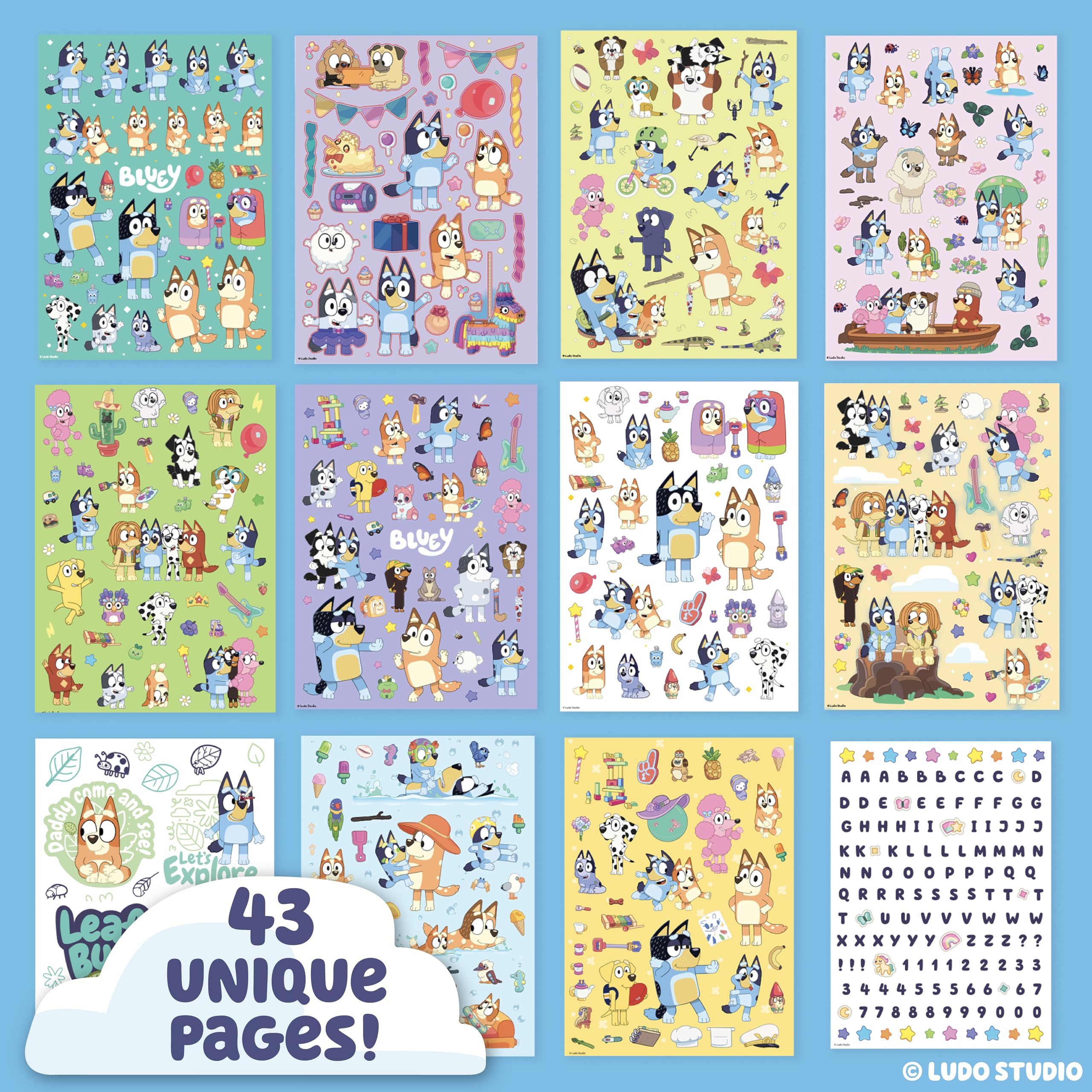 Libro de pegatinas Bluey 1500+, incluye pegatinas de papel para cartas, azul, bingo, bandido, chile y más, tamaños grandes y pequeños, gran papelería infantil