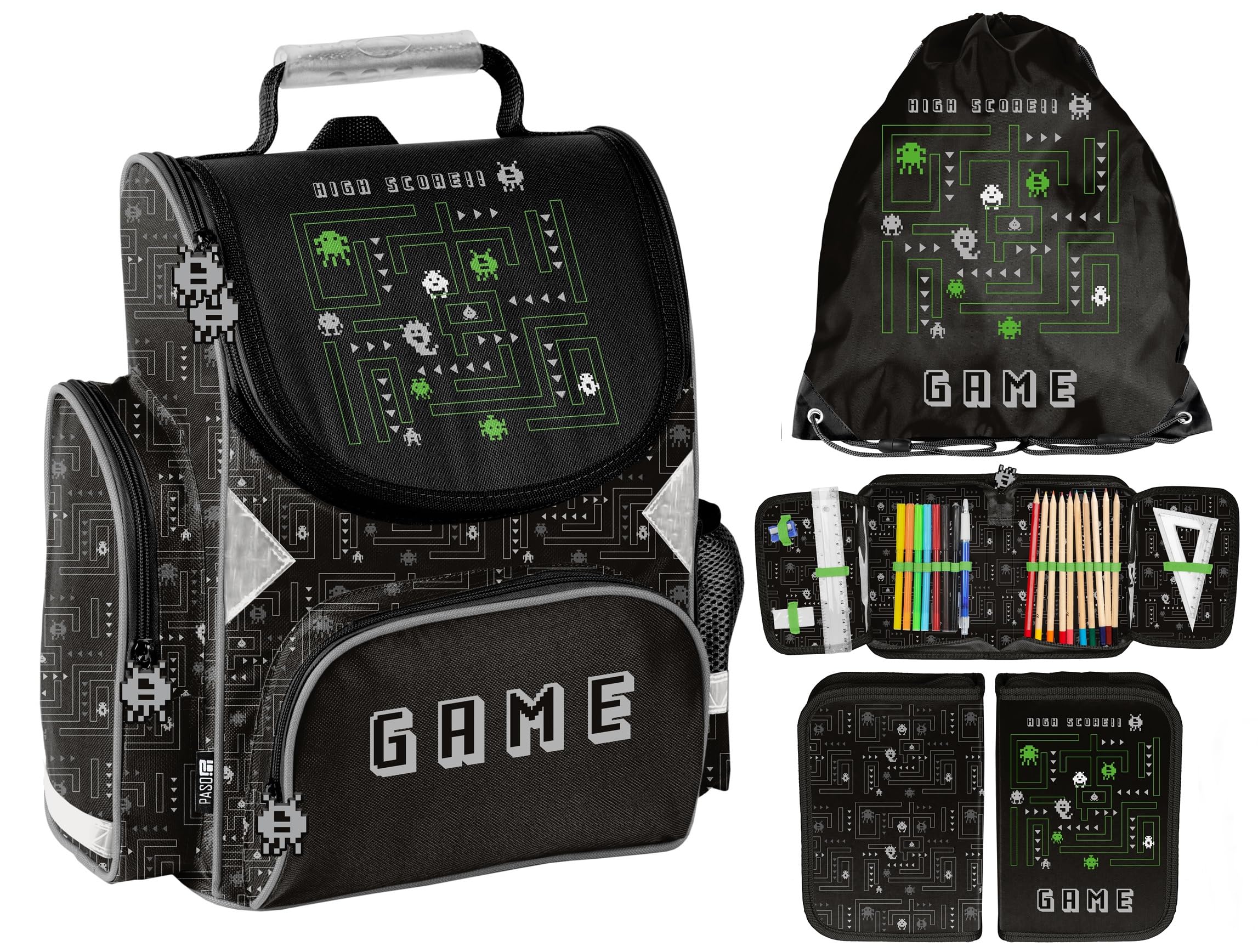 Schulranzen Set 3 teilig Tornister Jungen Schwarz Player Gamer