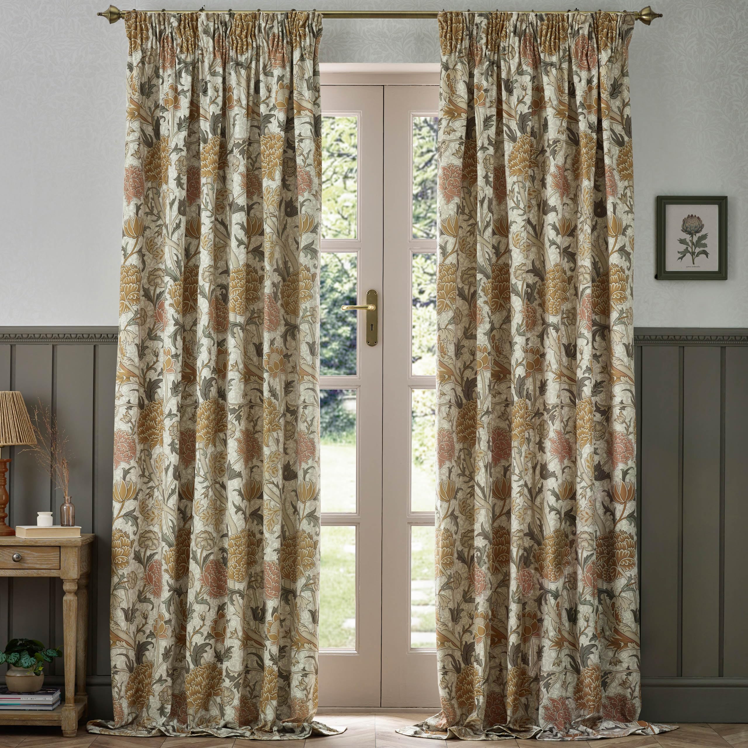 Morris & Co Stone Cray Floral Velvet Room Darkening Pencil Pleat Curtains In | Size: 168Cm Width X 229Cm Drop