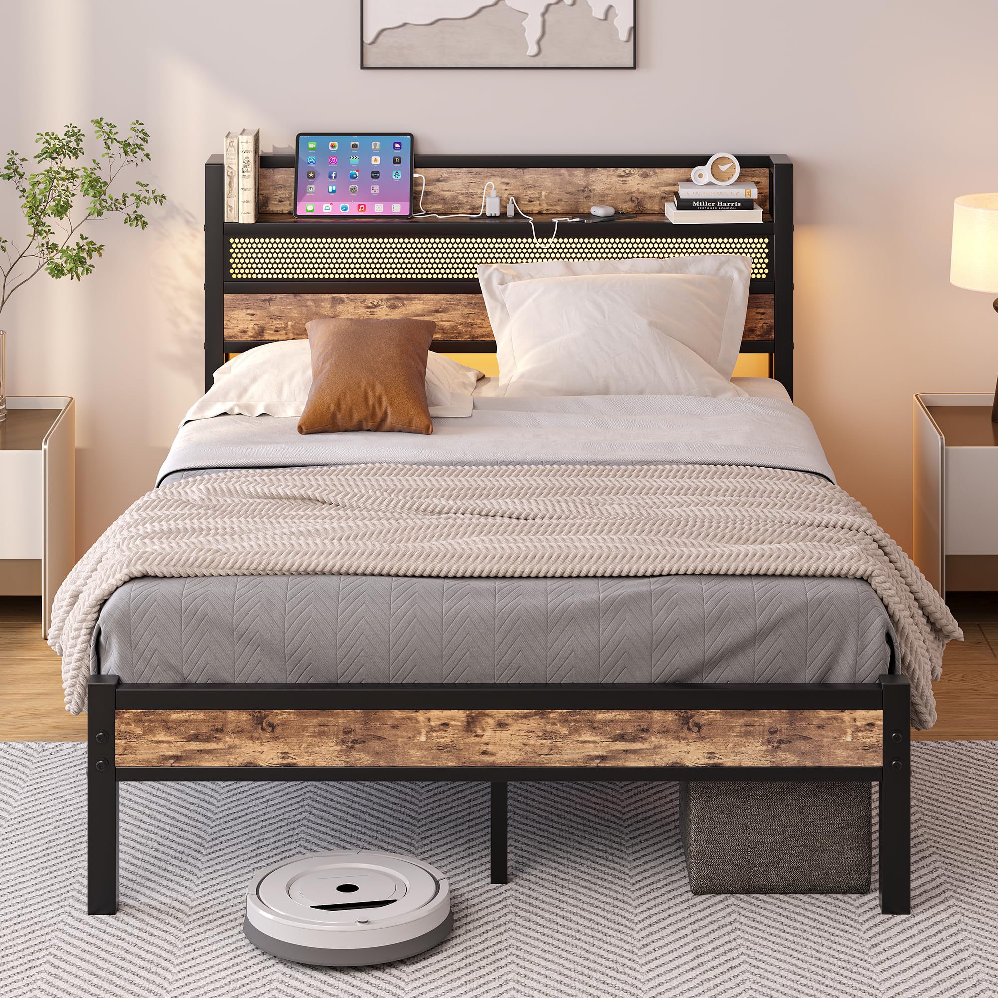 HAHRIR Double Metal Bed Frame with 4ft6 Storage Headboard, Black