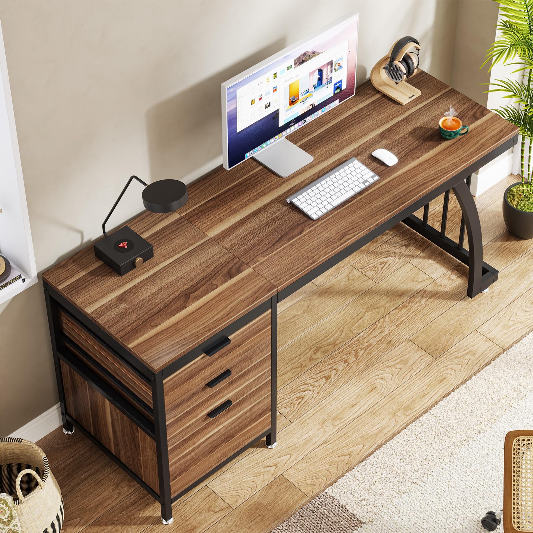 Tribesigns Escritorio para computadora con 3 cajones, escritorio de PC de 59 pulgadas con cajones reversibles, mesa de estudio industrial con almacenamiento de archivos para oficina en casa, nogal