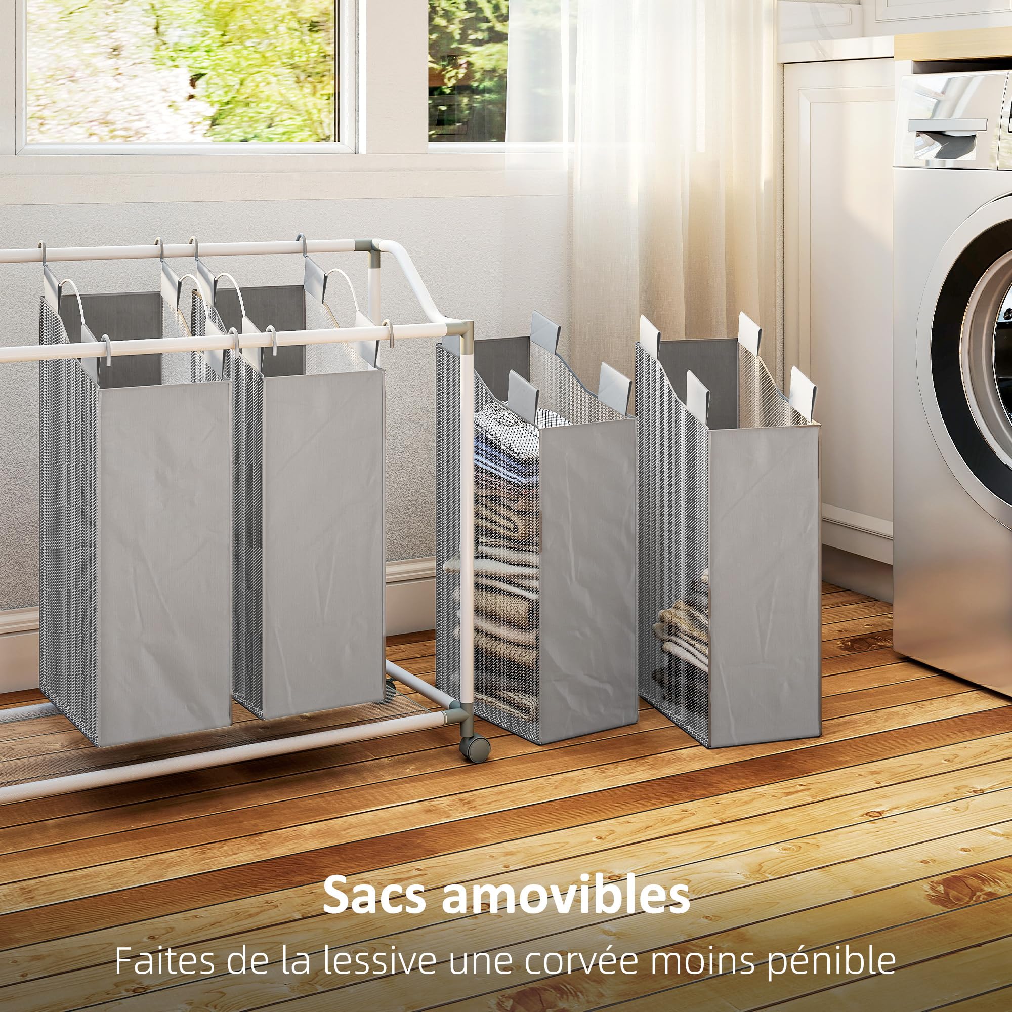 HOMCOM Panier à Linge Mobile 4 Compartiments 4 x 40L Gris | Corbeille à Roulettes, 4 Sacs Amovibles, Chariot Linge Sale, Buanderie, Chambre, Salle de Bain