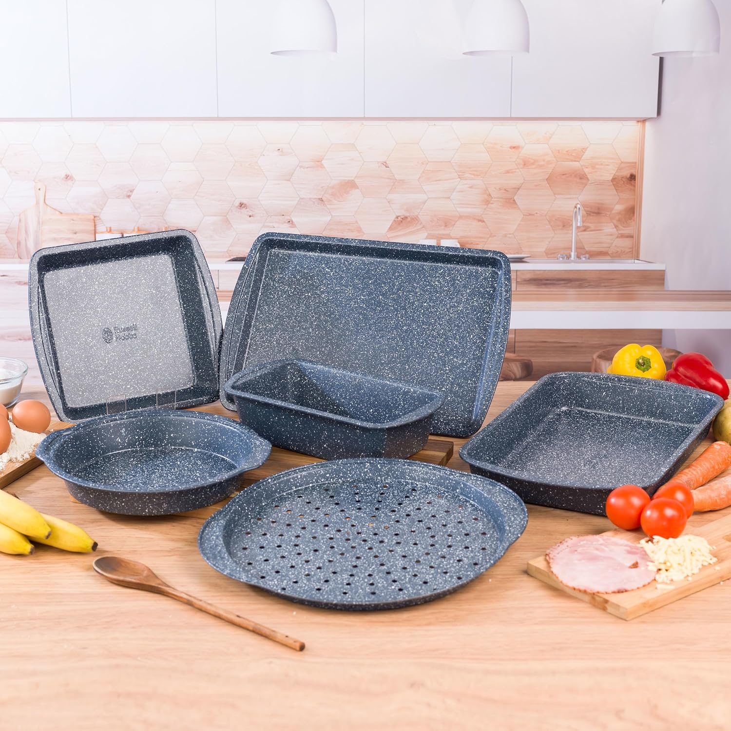 Russell Hobbs COMBO-5437 Nightfall Stone Non-Stick 6-Piece Bakeware Set – Includes Pizza Tray, Baking Tray, Roaster, Loaf Pan and Baking Tins, Durable Carbon Steel Ovenware, Oven Safe Up to 220°C