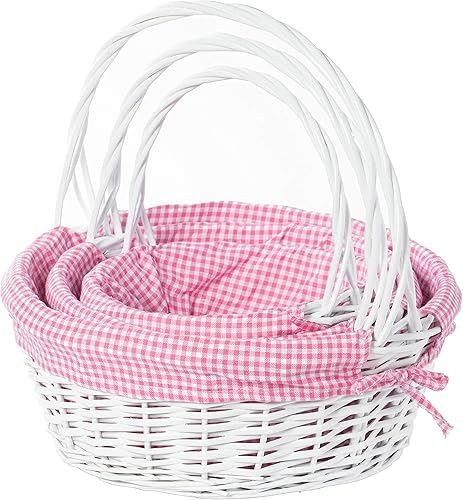 Miniatura 14 de Cesta de regalo tradicional de sauce redondo blanco con forro de guinga azul y blanco y asas plegables resistentes, cesta de almacenamiento de