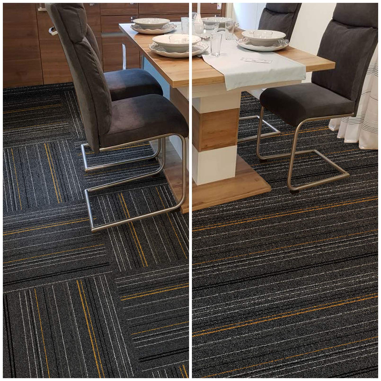 6 m² Teppichfliesen selbstliegend Warschau für Büro & Gewerbe - gestreifte Fliesen Teppiche je 50x50 cm - robuster Teppichboden - Bodenfliesen mit rutschfestem Vinyl-Rücken (Anthrazit-gelb, 24 Stück)