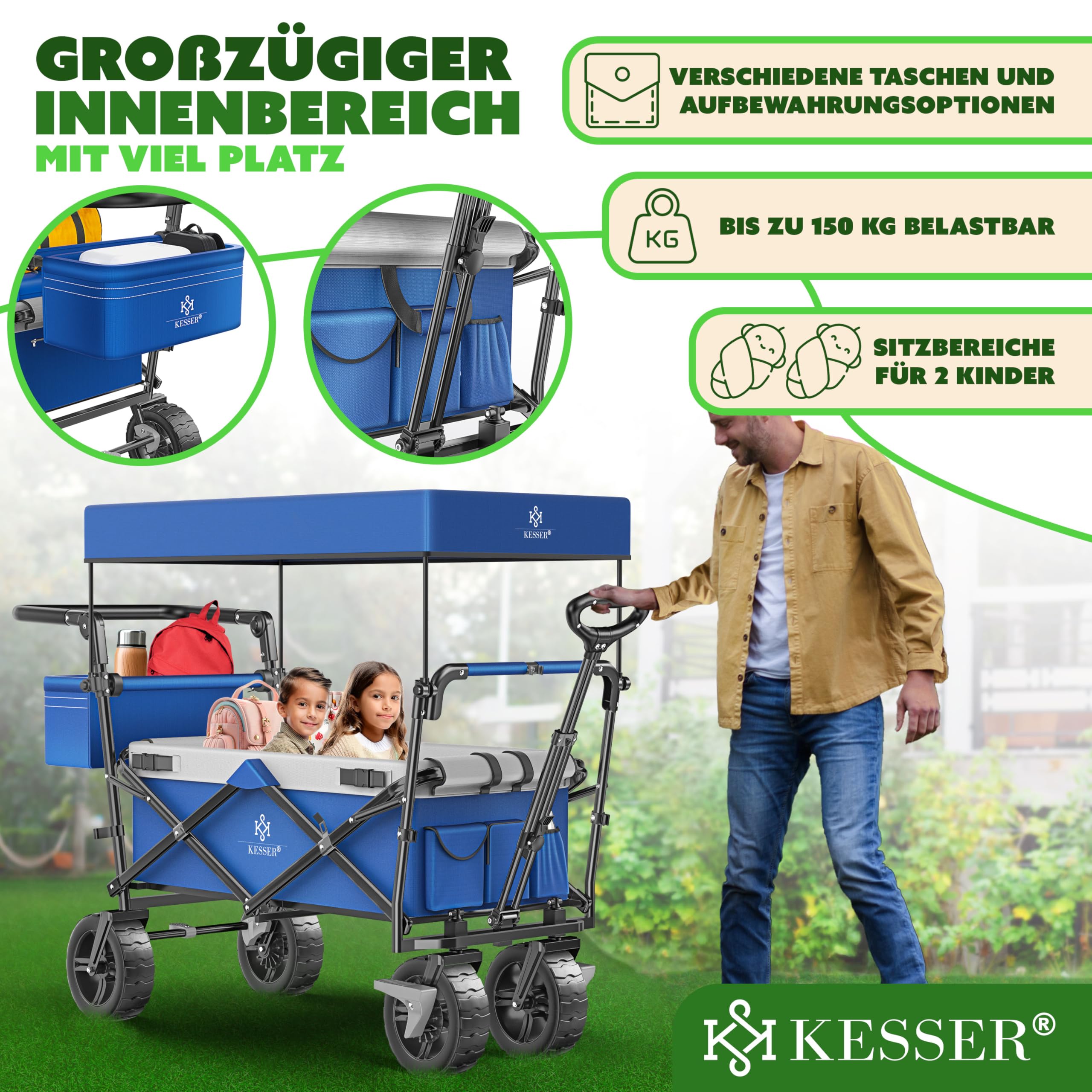 KESSER® Carrello pieghevole XXL con tettuccio GT9000, carrello pieghevole fino a 150 kg, per bambini, spiaggia, campeggio e giardino, grande carrello di trasporto con ruote in gomma rigida, freni