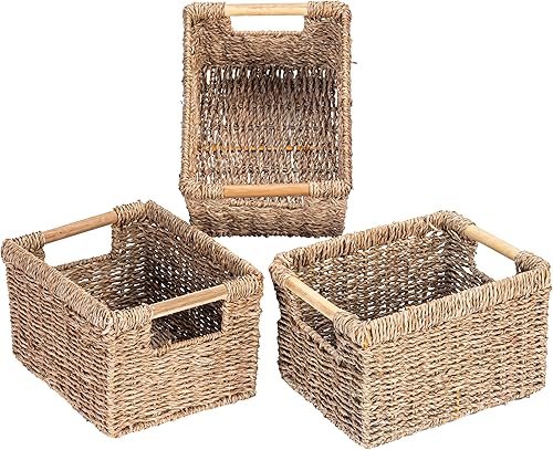 Cestas pequeñas de mimbre para organizar el baño, cestas de hierba marina para almacenamiento, cesta de almacenamiento de mimbre con mango de