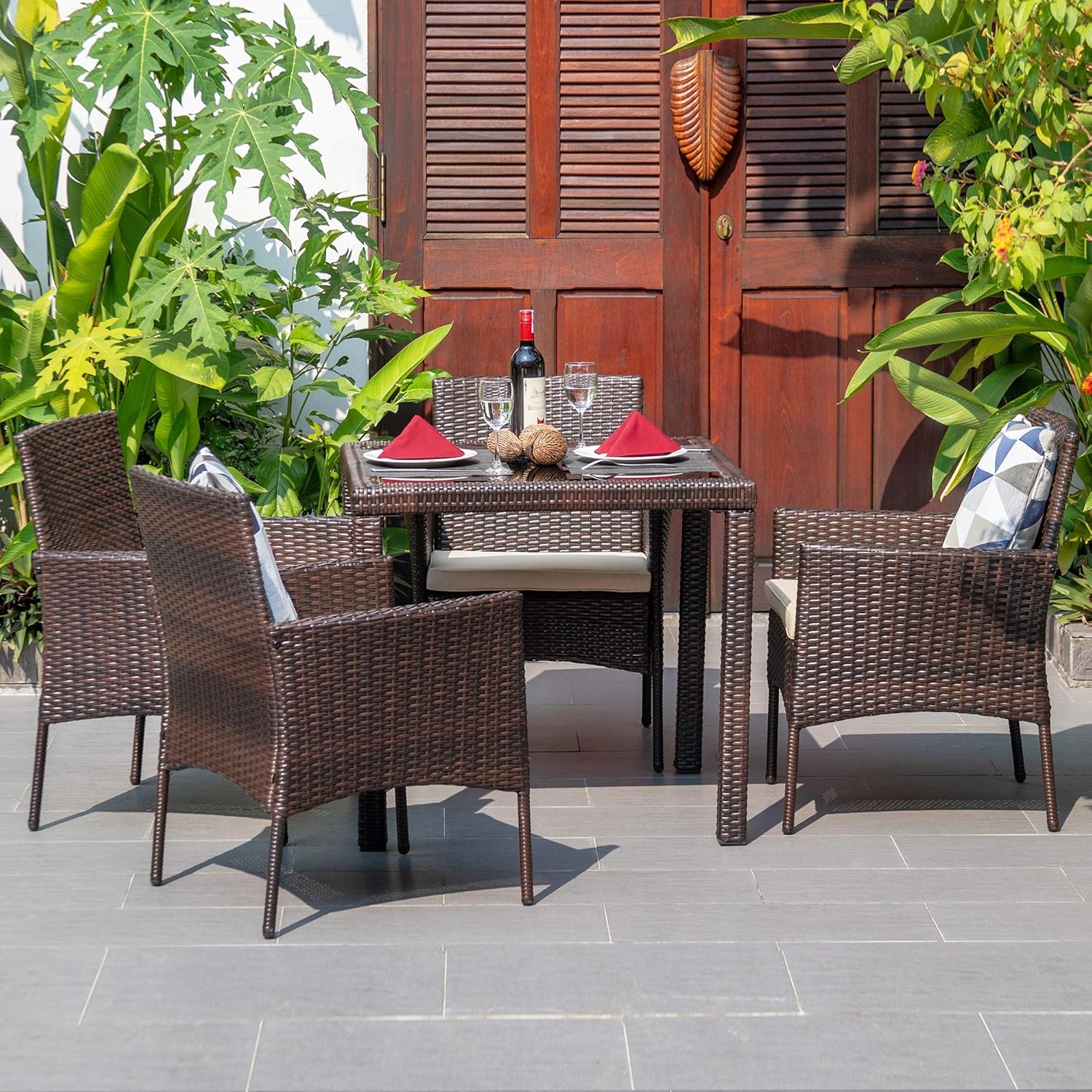M&W 5 Piece Patio Dining Set, Wicker Outdoor Chairs and Glass Table for Balcony, PE Rattan Dining Table Set for Lawn, Garden, Backyard (Throw Pillow NOT Included) : Patio, Lawn & Garden