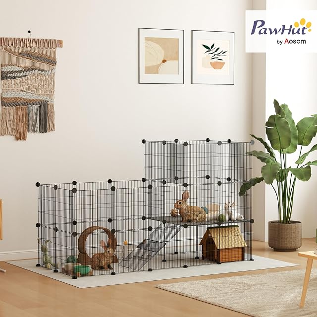 Foto 2 de 8 de PawHut - Recinto para Animales pequeños, Jaula de Conejo Modular 2 Niveles, 39 Paneles con rampa…