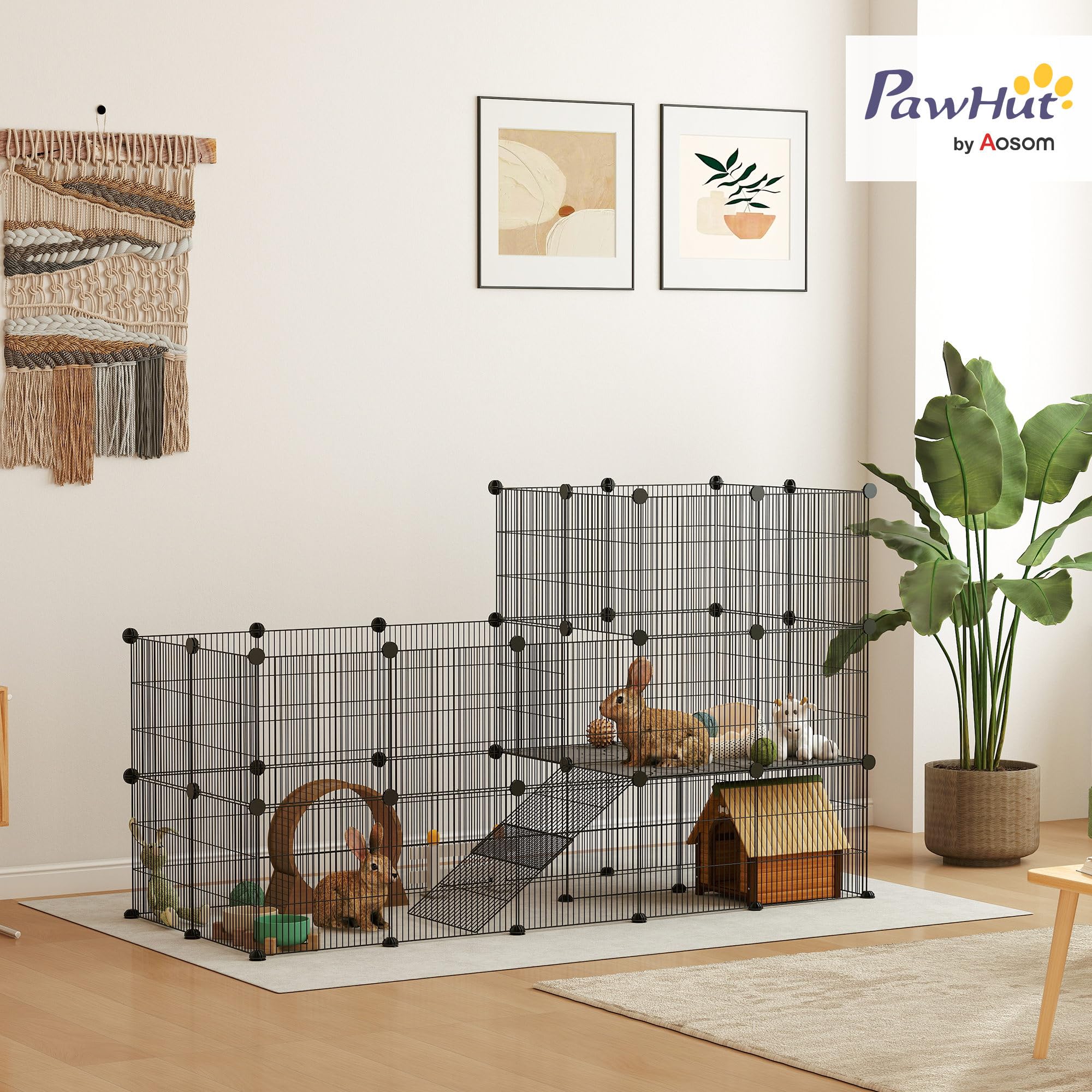 PawHut Enclos pour Petits Animaux, Cage à Lapin modulable 2 Niveaux, 39 Panneaux avec Rampe, Parc clôture pour Animaux domestiques intérieur pour cochons d'Inde, Lapins, hérissons, en Acier, Noir