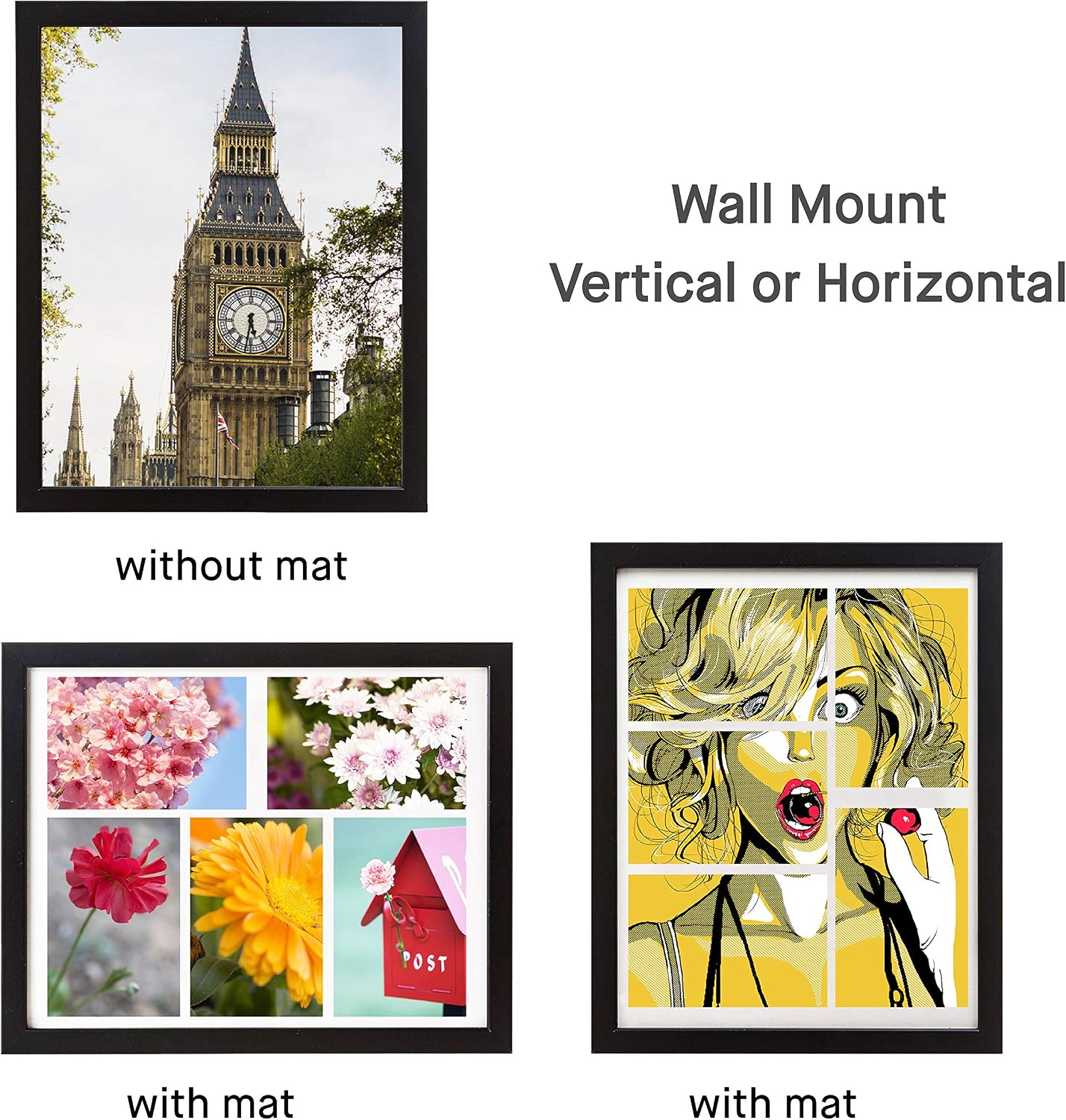 elabo 11x14 Black Picture Frame Collage (3 Pack) - High Definition Plexiglass Display Pictures 4 x 6 with Mat or 11x14 Without Mat - Vertical or Horizontal Wall Mounting