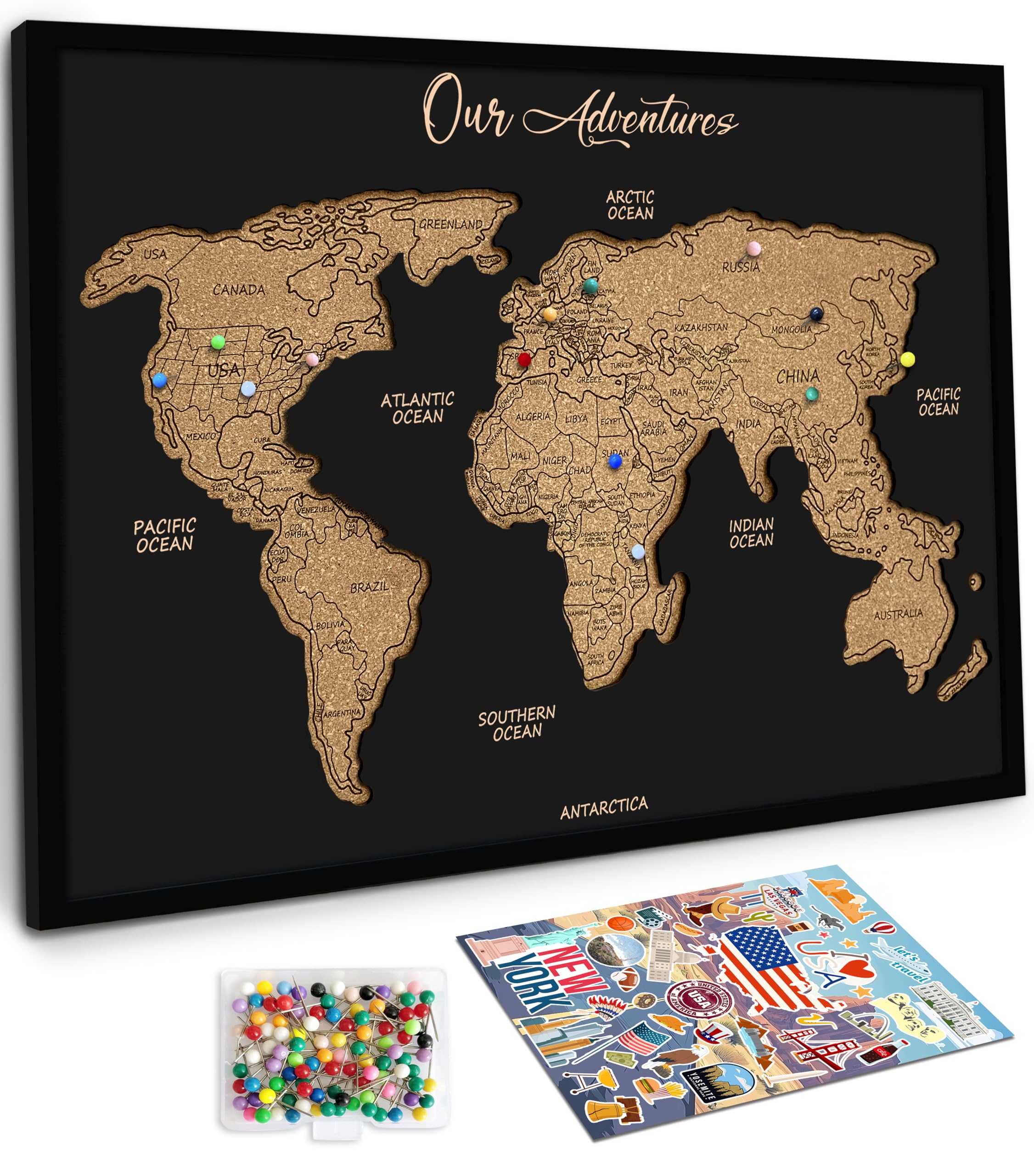 flinelife Cork World USA - Mapa de viaje con pines, tamaño grande, 16 x 12, mapa del mundo, perfecto para parejas y familias