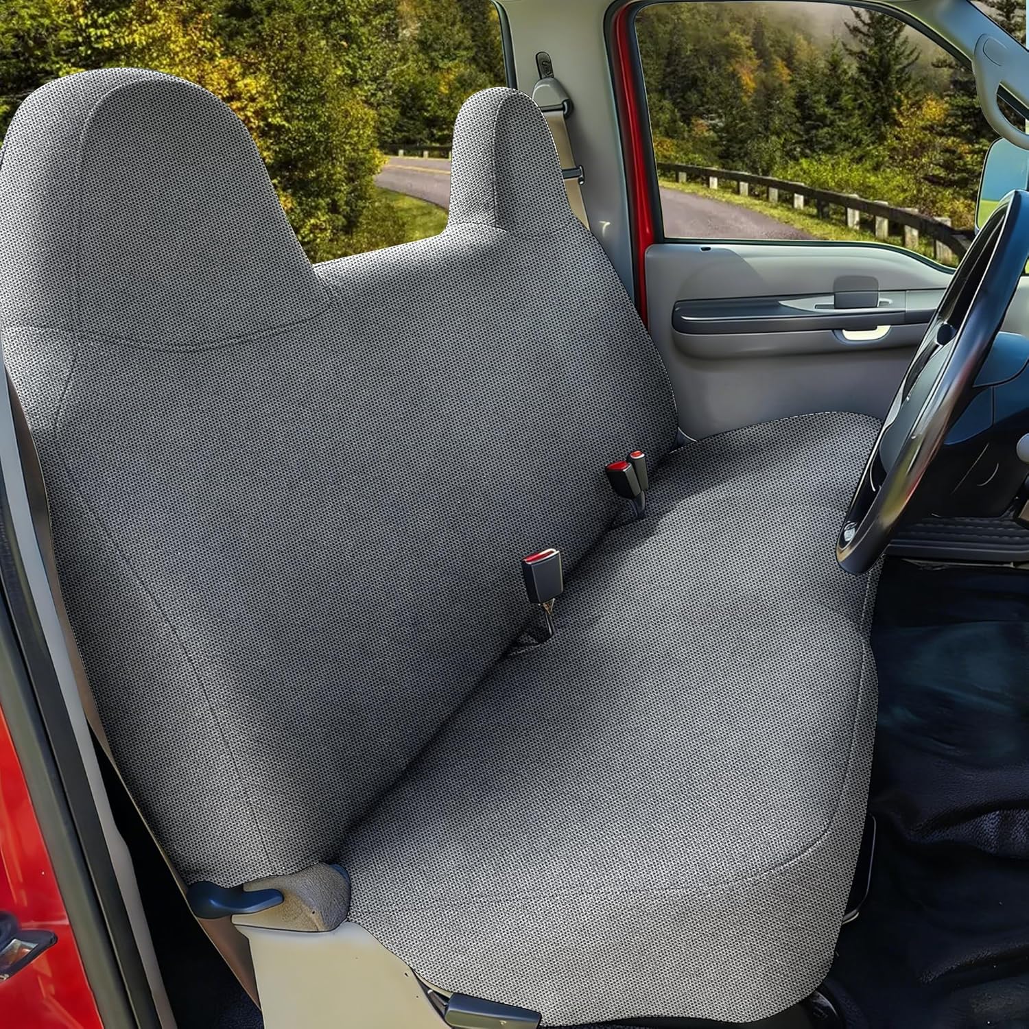 Knitted Composite Fabric Front Solid Bench Seat Cover for Ford F250 F350 F450 1999 2000 2001 2002 2003 2004 2005 2006 2007, Breathable and Elastic with Reinforced Stitching - Gray