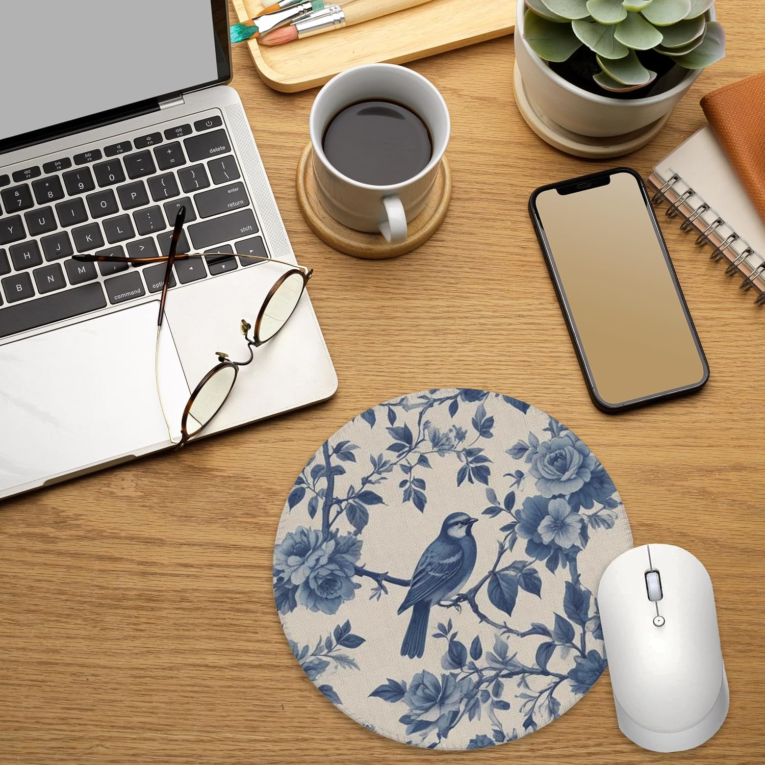 Chinoiserie Floral Bird Mouse Pad for Desk, Blue and White Grandmillennial Bird Flower Botanical Mousepad for Work Wireless Mouse Computers Laptop Desk Accessories, 7.9x7.9 Inch image 3
