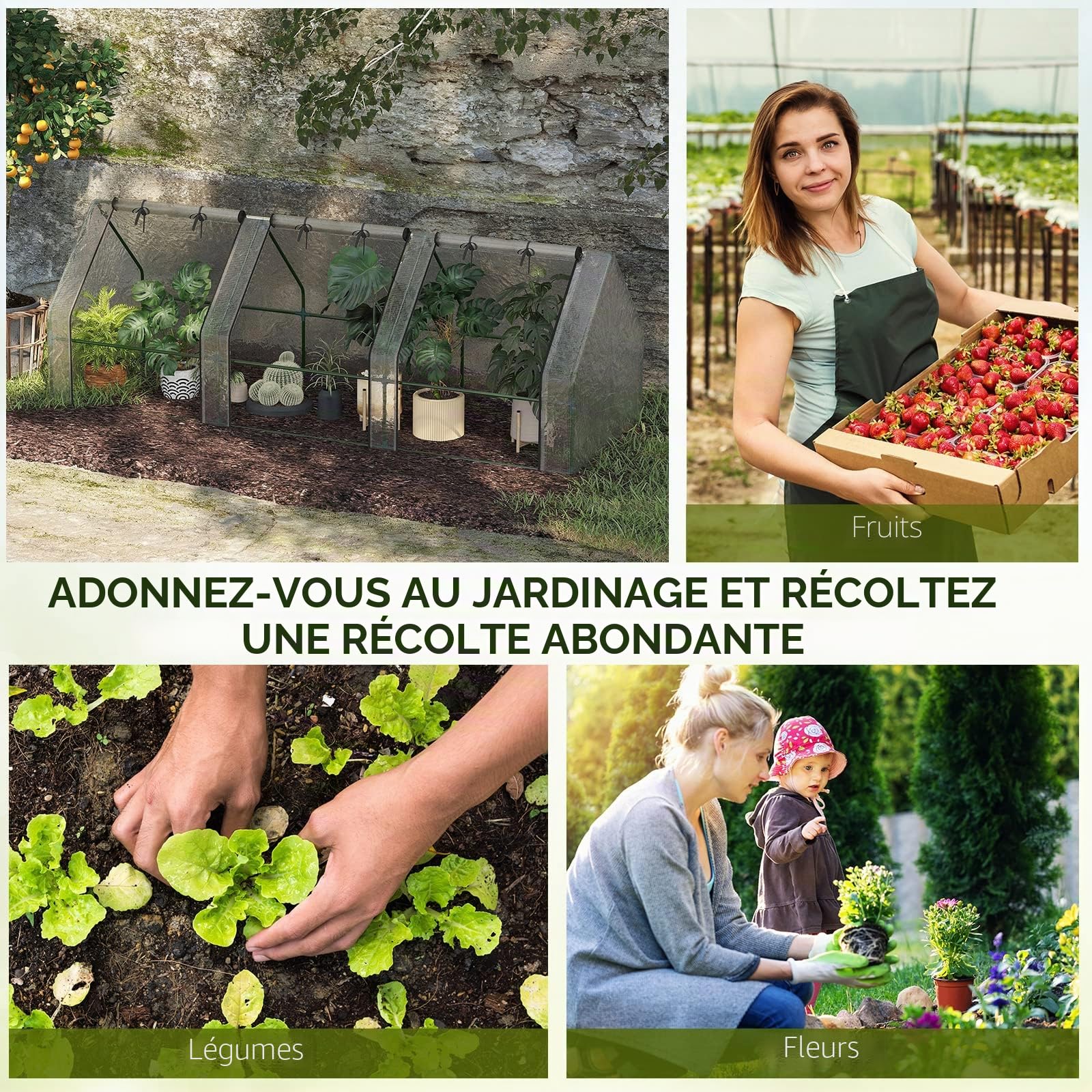Outsunny Mini Serre de Jardin Mini Serre Tunnel 270L x 90l x 90H cm Toit Pointu Acier PE Haute densité 140 g/m² Anti-UV fenêtres avec Zip enroulables Blanc