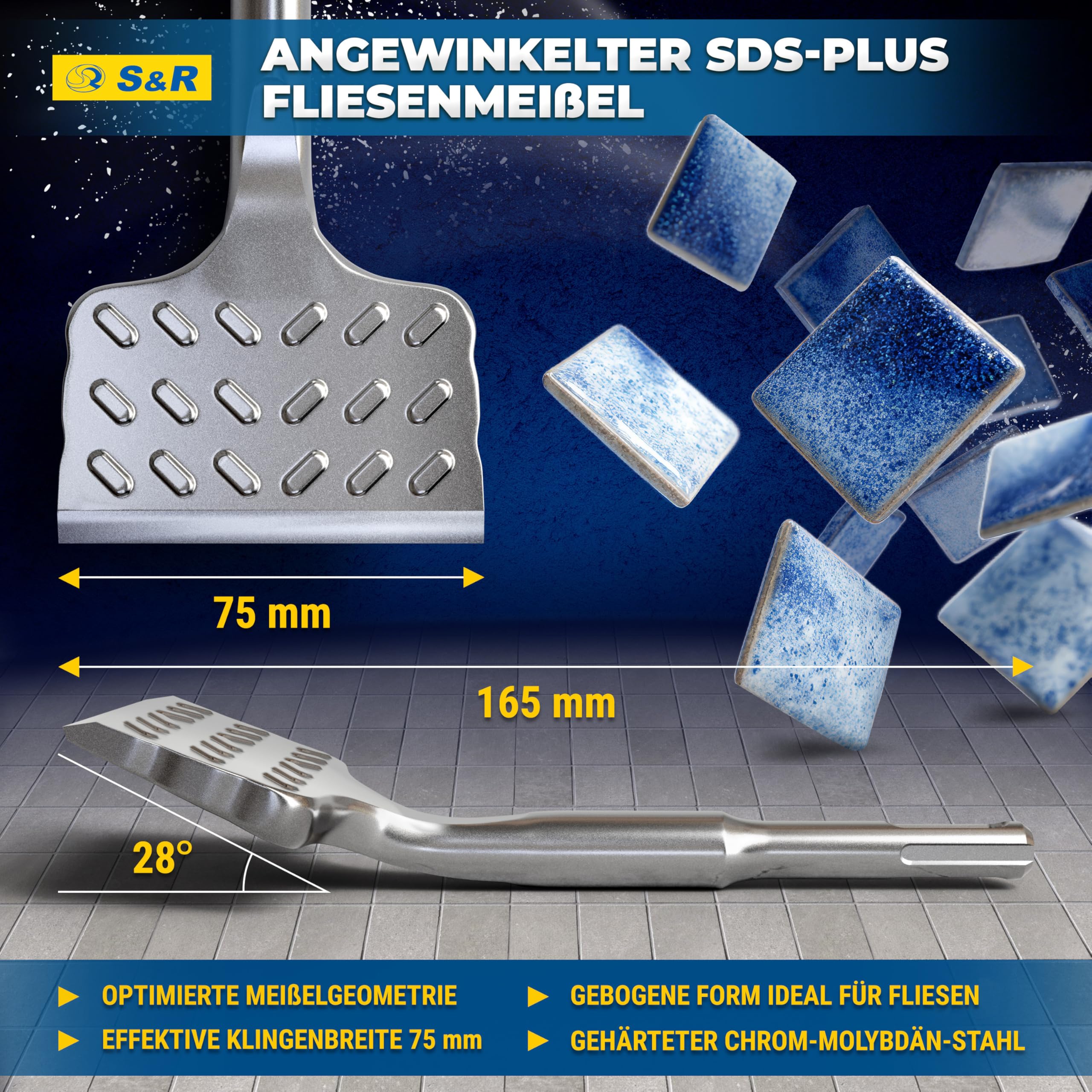 S&R Hochleistungs - Fliesenmeißel, SDS plus Meißel 165 mm x 75 mm abgewinkelt, SDS Meißel in Industrie-Qualität Made in Germany, Flachmeißel zum Fliesen und Fliesenkleber entfernen, gehärtet, breit