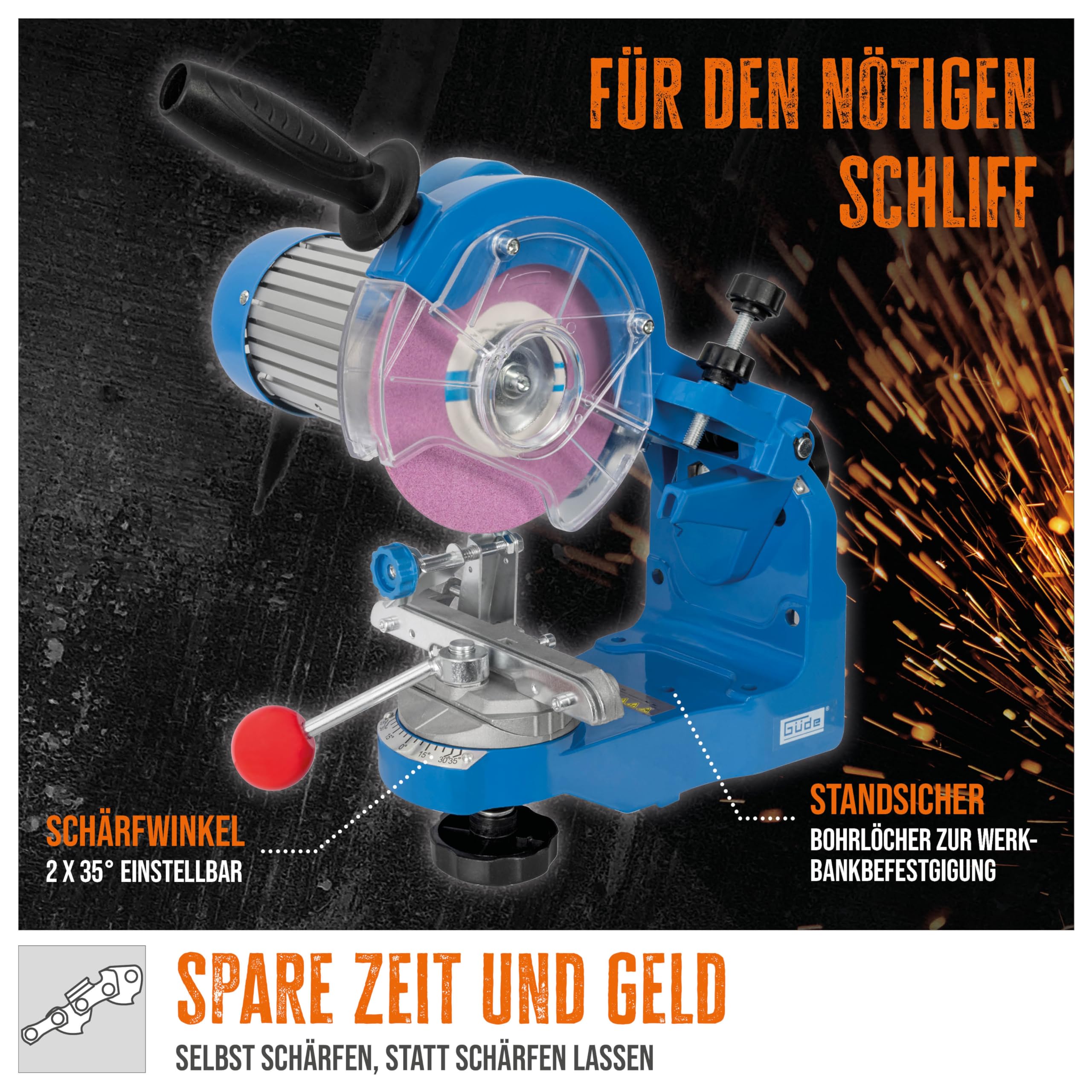 Güde Sägekettenschärfgerät P 2300 A (230W, 3000 1/min, Schärfwinkel einstellbar 2x 35°, Kettenführungsschiene, Beleuchtung, für alle gängigen Sägekettentypen, 2x Schleifscheiben ø145 mm & Abziehstein)