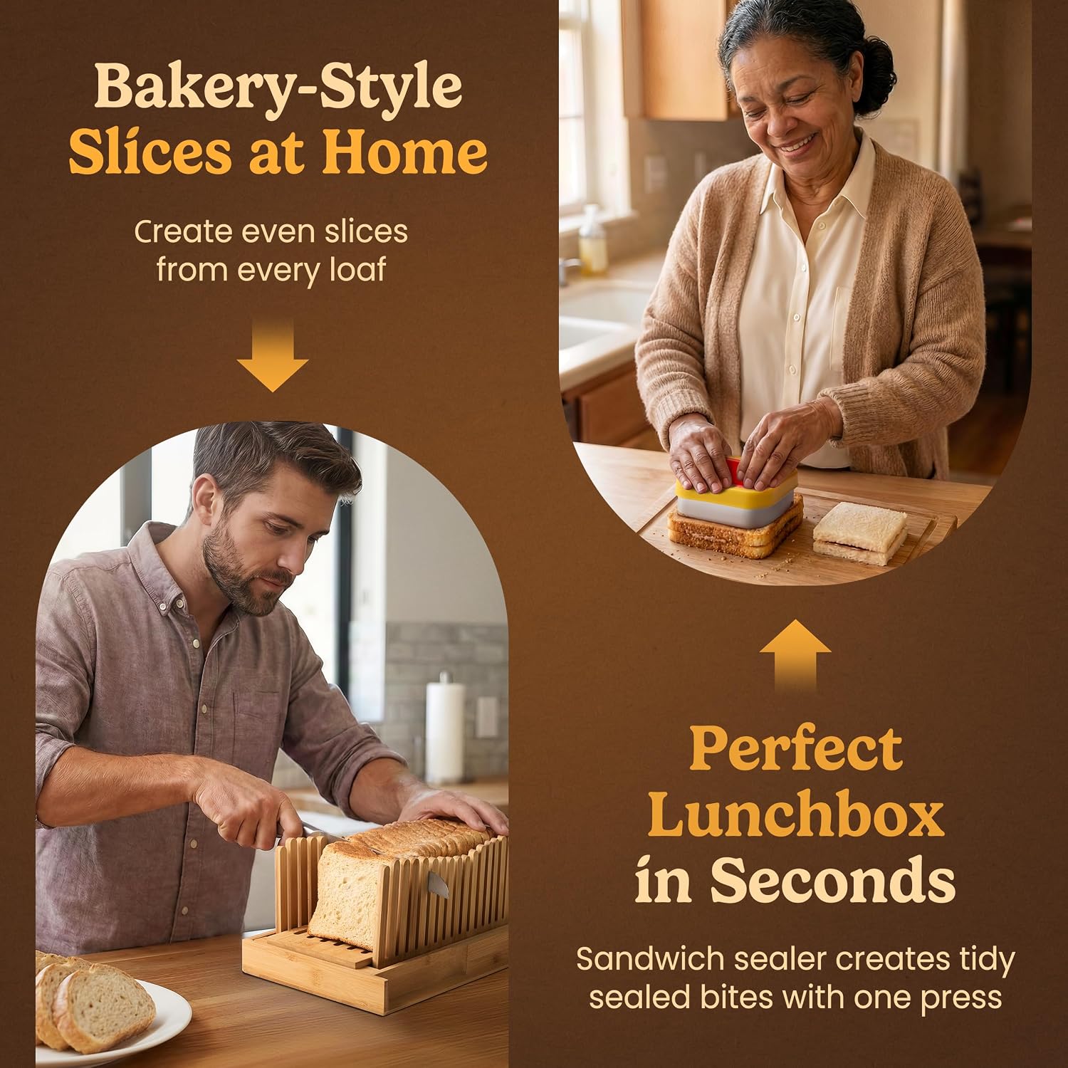 Bread Slicer Guide for Homemade Bread 2-In-1 Set: Sourdough Rounds Slicer, Sandwich Sealer | Bread Loaf Slicing, Adjustable Bamboo Bread Cutter With Knife & Magnetic slot
