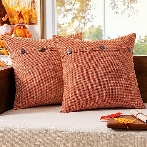 MIULEE Juego de 2 fundas de cojín decorativas de lino, estilo campestre vintage, con tres botones, para sofá o cama, 18 x 18 pulgadas, 45 x 45 cm.,