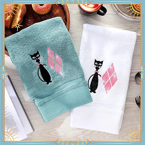 Miniatura 6 de Macarrie 2 toallas de cocina modernas de mediados de siglo con diseño de gato negro retro, toallas de algodón bordadas absorbentes para cocina,