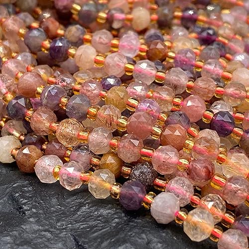 Miniatura 7 de ABCGEMS - Turmalina de cereza brasileña en cuentas de lepidolita (una revolucionaria técnica triangular de corte de diamante aporta un aspecto de