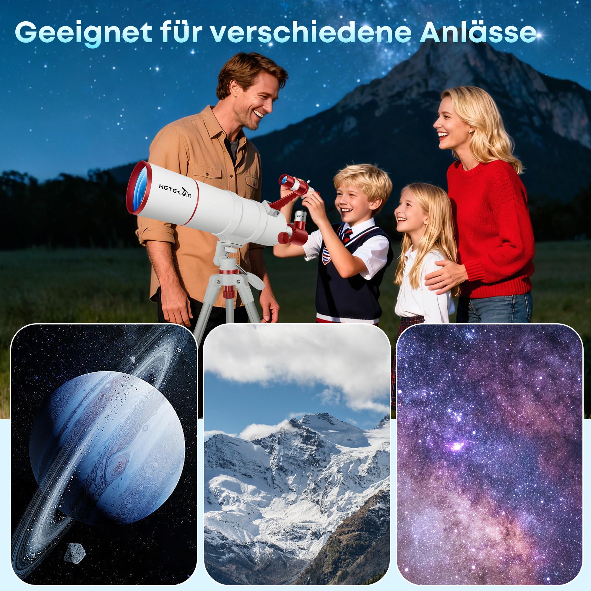HETEKAN Teleskop 90mm Öffnung 550mm Brennweite, Tragbares Refraktor-Teleskop für Erwachsene, Anfänger und Kinder, 22X-165X mit AZ-Stativ, Handyadapter, Tragetasche und Aufklebern