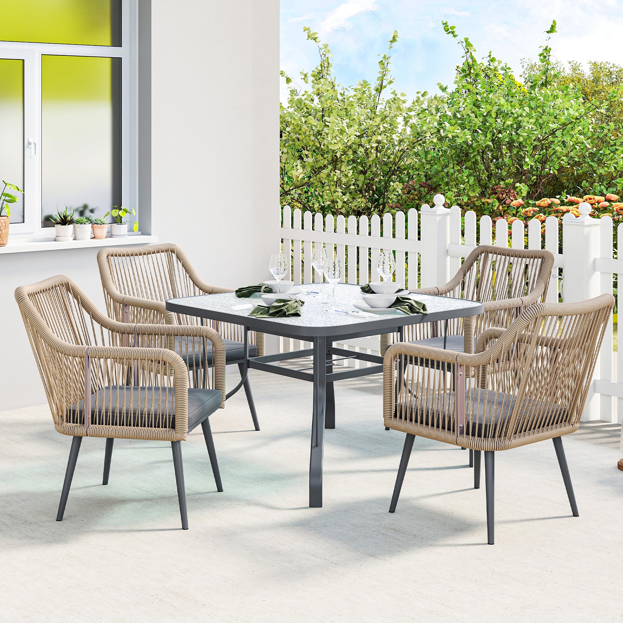 Outsunny Set 2 Sedie da Giardino in Rattan PE con Cuscini Morbidi Lavabili e Braccioli, Sedie per Pranzo da Esterno in Acciaio, da Patio, Balcone, Terrazza, Esterno, 54x65x80cm, Grigio Scuro