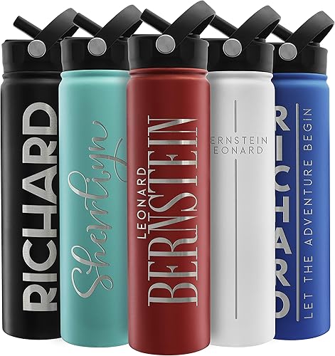 Amazing Items Botella de agua personalizada con popote y tapa, 24 onzas, rojo fuego, botella de agua deportiva de acero inoxidable personalizada con