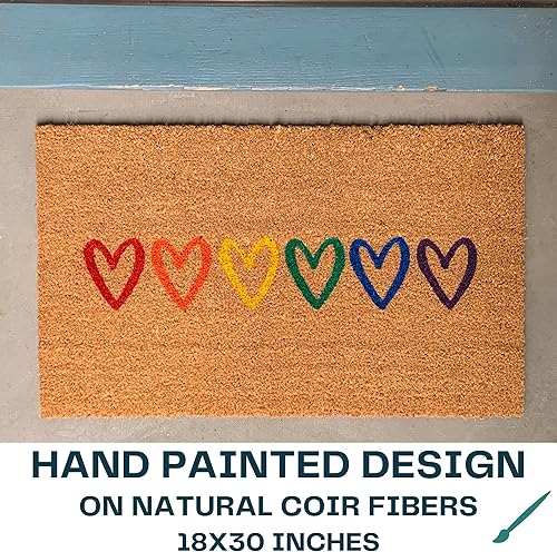 Miniatura 5 de Rainbow Hearts Outdoor Doormat, 18 x 30 Inch, Heavy Duty Natural Coir Fibers, UV and Weather Resistant, Modern Porch Decor, Bright Summer Theme for