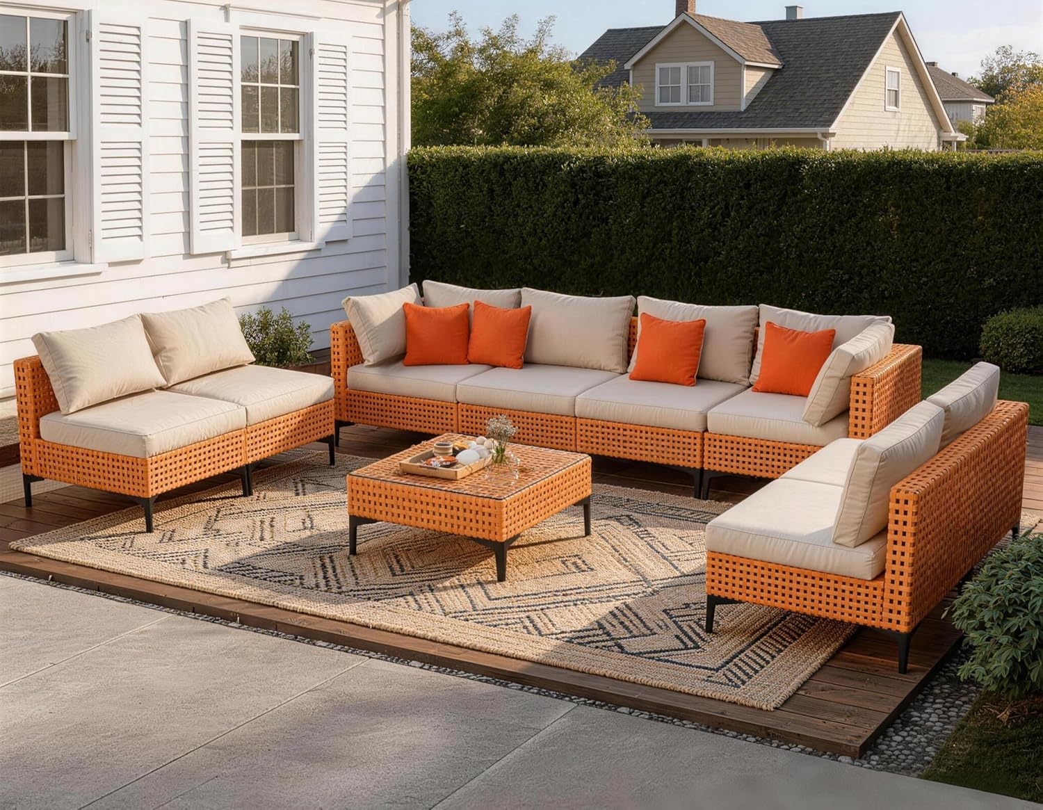 10 Piece Outdoor Patio Furniture Set Modular Outdoor Furniture Set Wicker Outdoor Sectional Sofa with Cushions and Tea Table Patio Set for Balcony Porch Deck Yard (Salmon&Orange Wicker, Sand Cushion)
