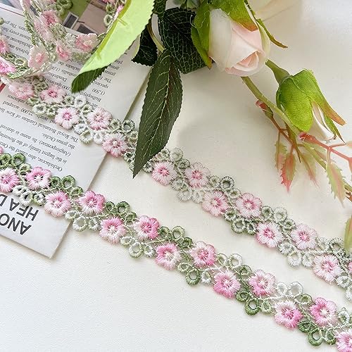 Miniatura 4 de Cinta de encaje floral de arco iris, adornos para decoración de boda, bricolaje, costura, vestido, decoración, manualidades, 3 yardas (rosa)