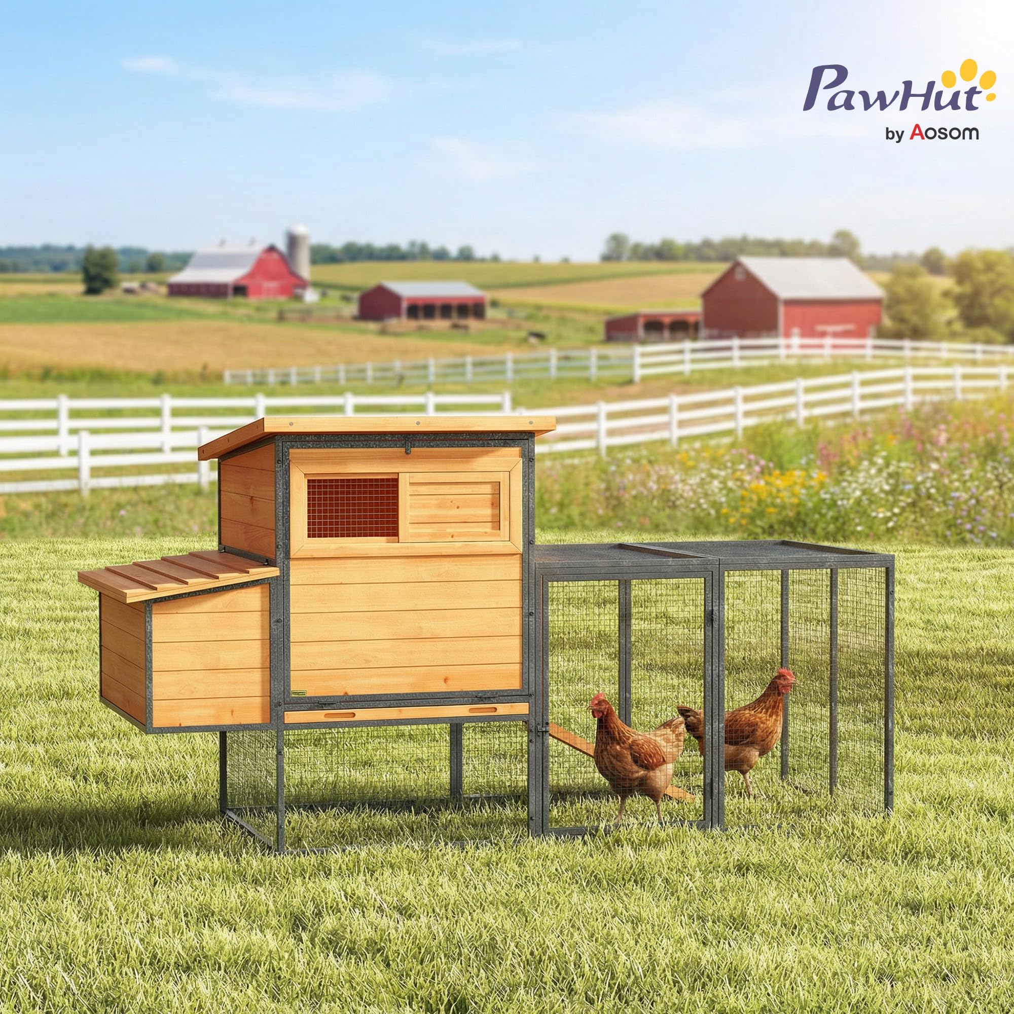 PawHut Poulailler XXL Bois 3-5 Poules Grand Enclos 192x81,5x104cm Orange