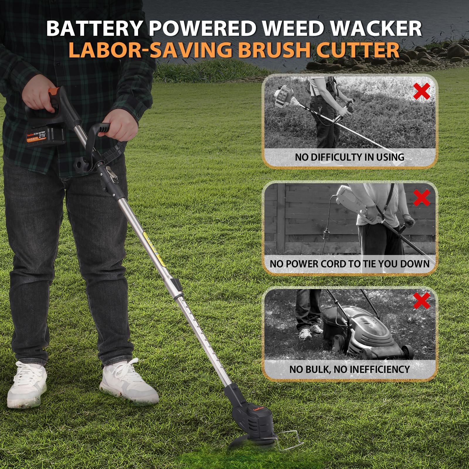 21V Electric Weed Eater, Cordless Brush Cutter Trimmer with Adjustable Pole & Battery-Powered, Lightweight & Low Noise, Foldable 3-in-1 Weed Wacker for Outdoor, Garden and Yard Use