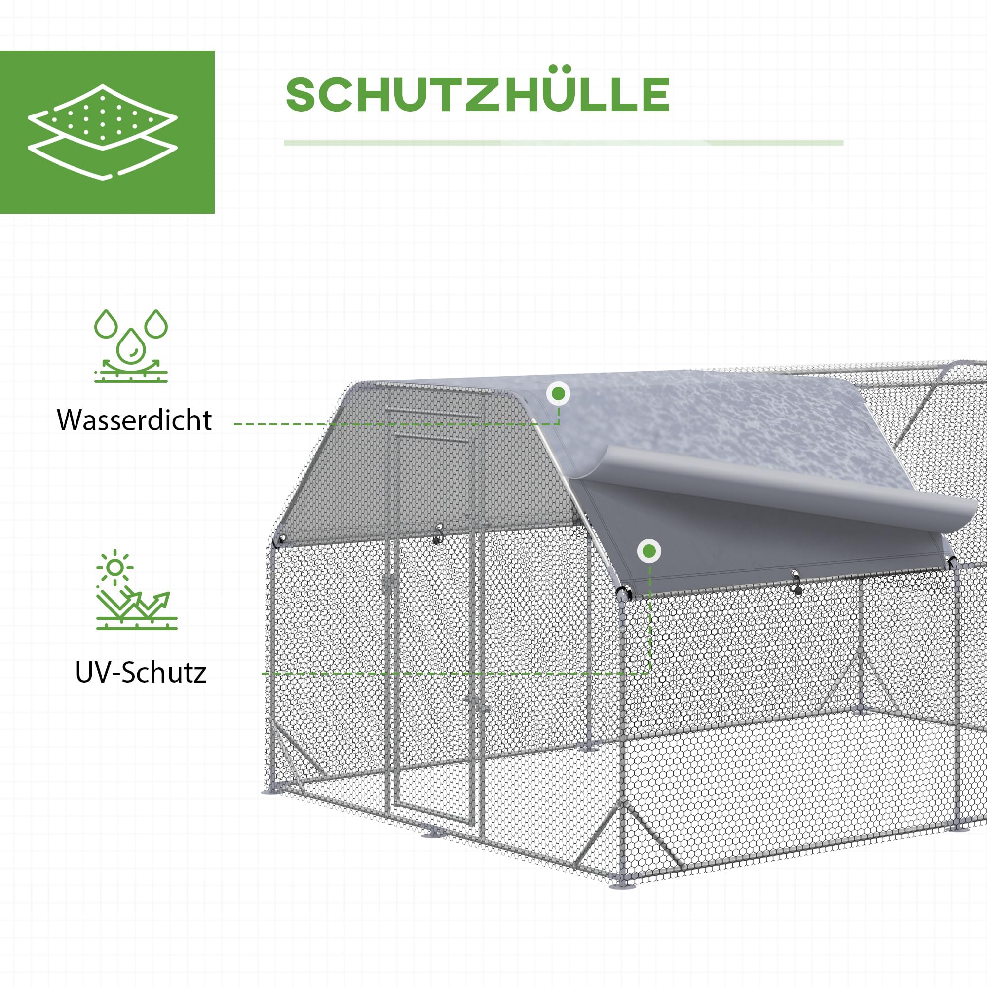 PawHut Hühnerstall Freilaufgehege mit Tür 280 x 380 x 195 cm Silber | Hühnerkäfig, Hühnergehege mit Wasserabweisendem Sonnenschutzdach, Geflügelstall für 10-12 Hühner, Oxford