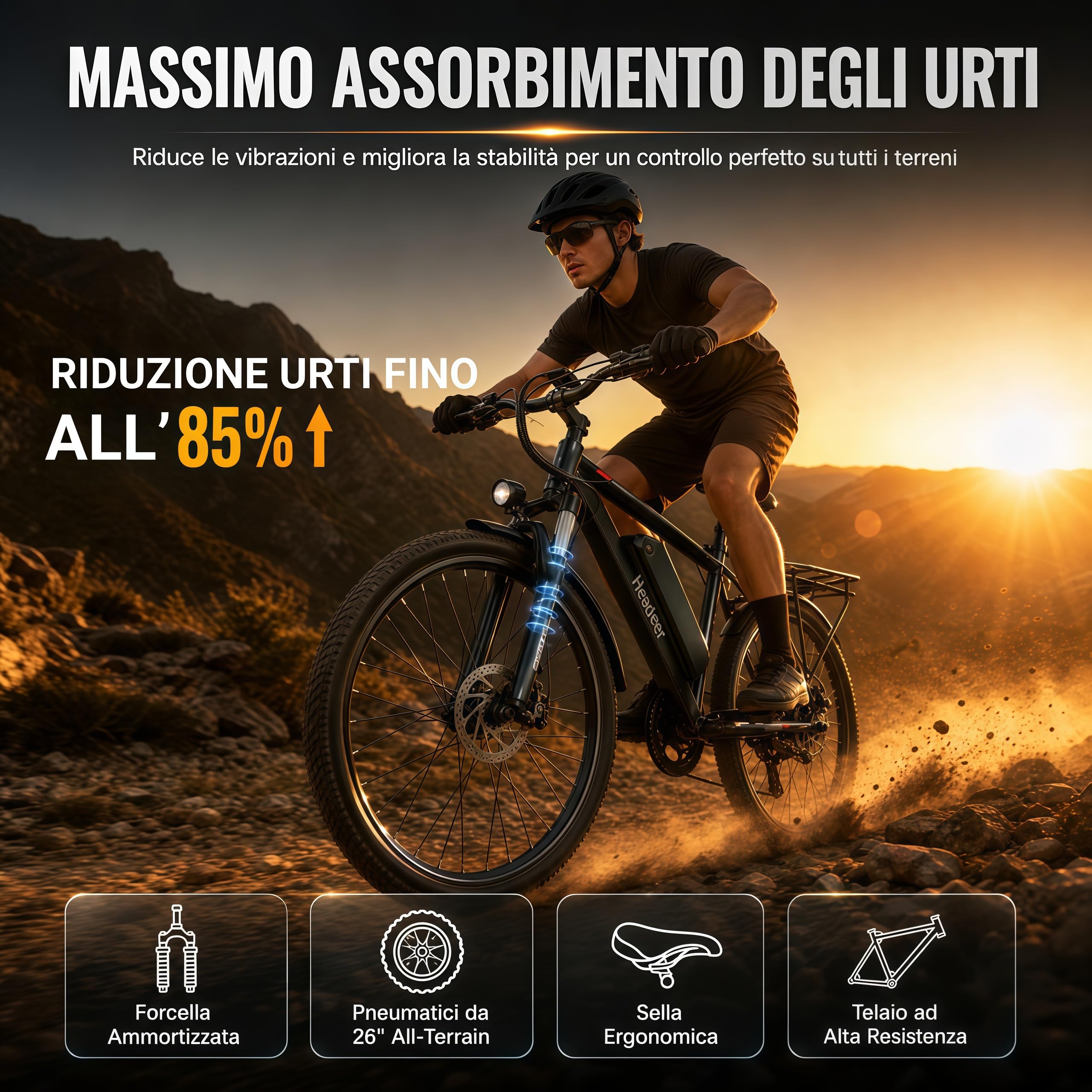 Bici Elettrica BK900 26" Mountain Adulti, Batteria Litio 48V 15Ah Rimovibile, Freni a disco meccanici, Forcella Ammortizzata, 5 Assistenze, Autonomia 90‑120km, Velocità 25km/h, Portapacchi Posteriore