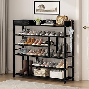 Bamboo Black Shoe Rack for Closet 6 Tier Shoe Storage Organizer Entryway Tall Shoe Shelf Wooden