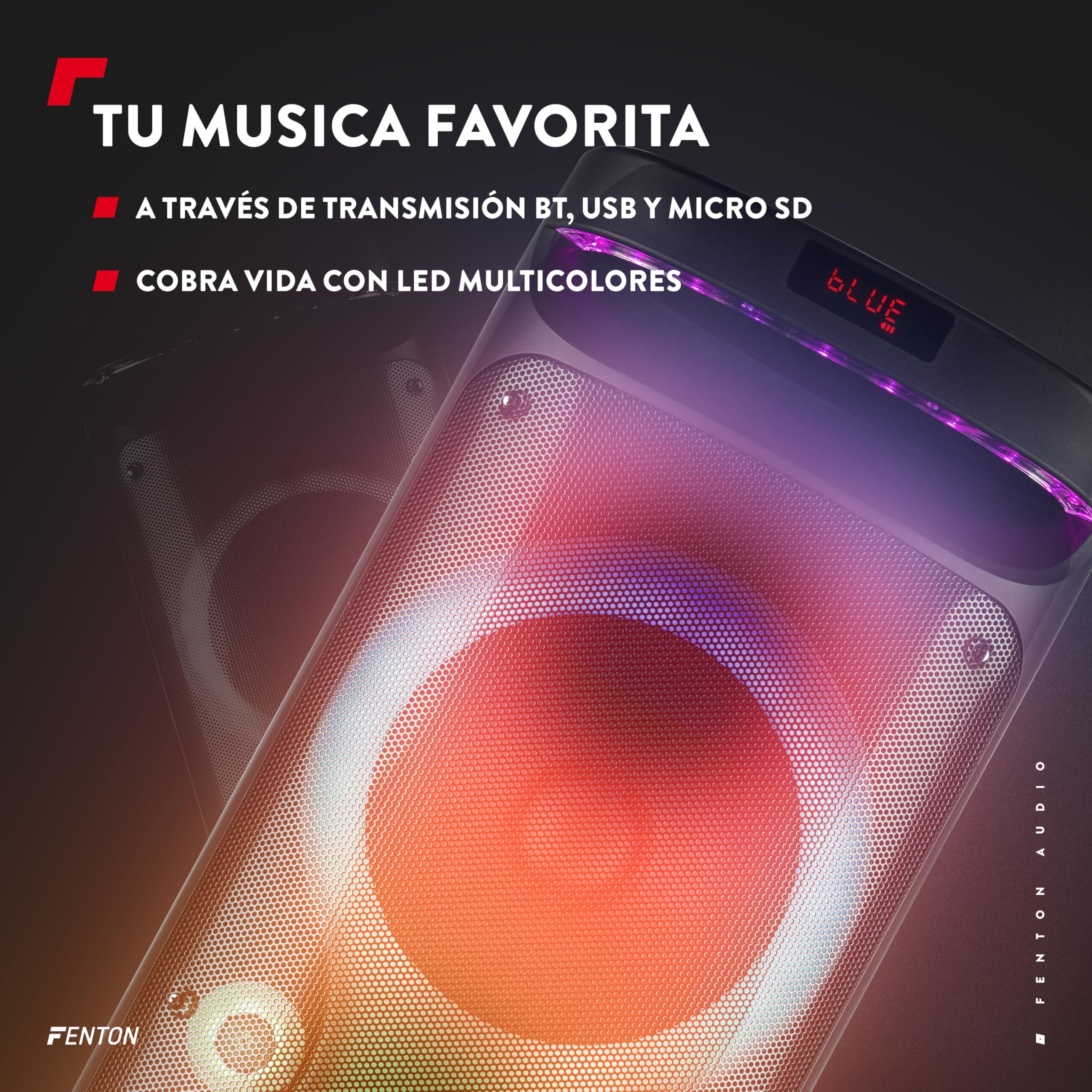 Fenton Track610 – Altavoz Bluetooth portátil 240W con micrófono con Cable, batería Recargable, Luces LED, USB, microSD, Altavoz portátil Potente Karaoke Machine, Modo Stereo Pairing, Color Negro