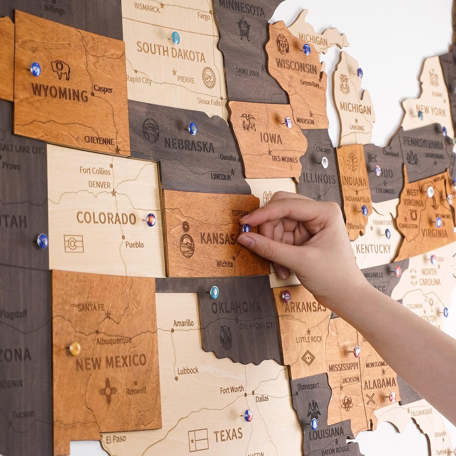 Jabihome 3D Wooden USA Map Wall Art with Push Pins, Gift for Men, Gift for Men, Office Wall Decor, Wood Wall Decor, Home Decor, White Elephant Gifts for Adults Useful, Teacher Christmas Gifts (Size XL