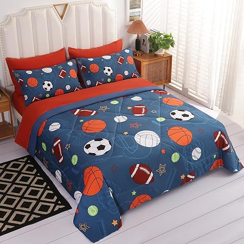 Miniatura 4 de Juego de edredón deportivo de pelota azul, tamaño individual, juego de ropa de cama de béisbol, baloncesto, fútbol, tenis para adolescentes y niños